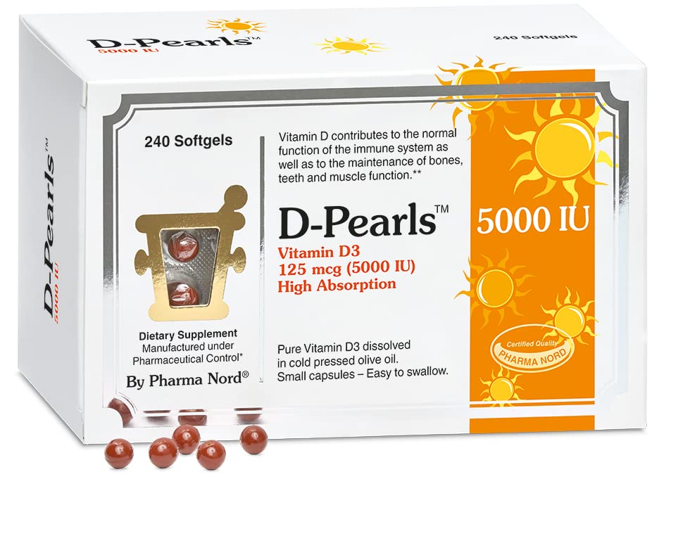 Pharma Nord D-Pearl softgel bottle for easy daily vitamin D3 intake supporting bone health.