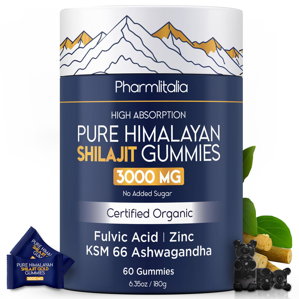 Pharmlitalia Shilajit Gummies in a jar showing Himalayan energy support