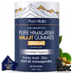 Pharmlitalia Shilajit Gummies in a jar showing Himalayan energy support