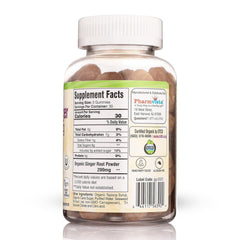 Pharmvista Ginger Gummies bottle close-up highlighting 200 mg ginger per gummy.