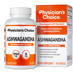 Physician's CHOICE Ashwagandha bottle closeup highlighting organic root powder and stress support.
