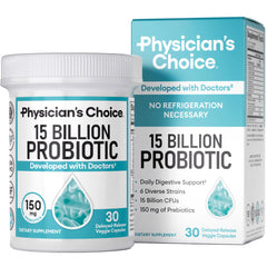 Physician's CHOICE Beginner Probiotics bottle highlighting 15B CFU for daily digestive support.