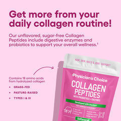 Physician's CHOICE collagen peptides powder scoop in glass blends easily into beverages.