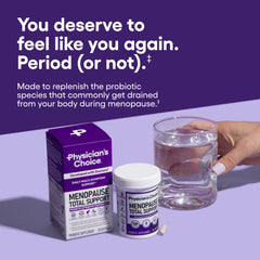 Physician's CHOICE menopause probiotic bottle label highlights black cohosh and resveratrol