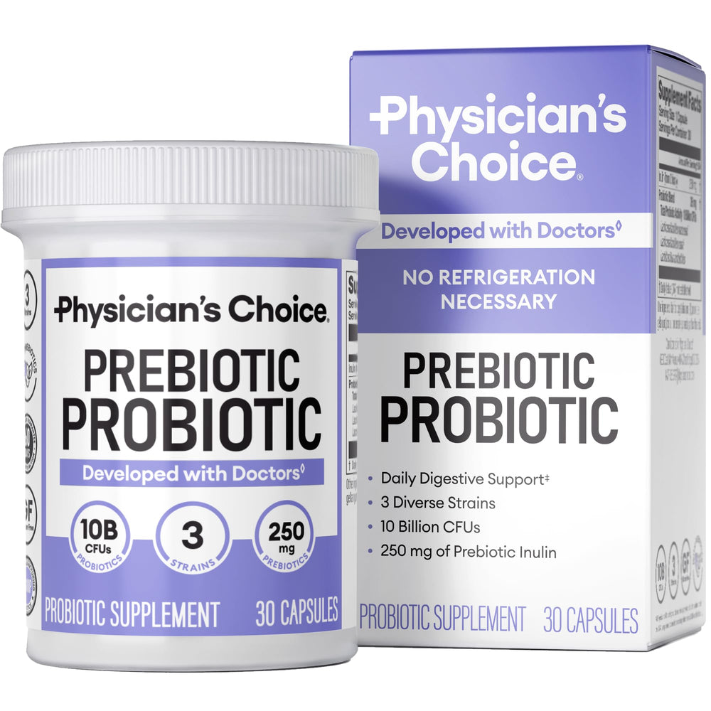 Physician's CHOICE prebiotic-probiotic bottle front view highlighting bottle design and intent.