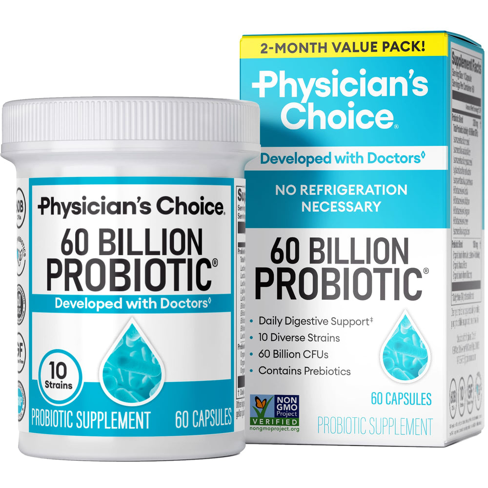 Physician's CHOICE Probiotics 60B CFU bottle, showcasing potency and user-friendly packaging.