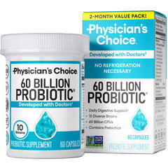 Physician's CHOICE Probiotics 60B CFU bottle, showcasing potency and user-friendly packaging.
