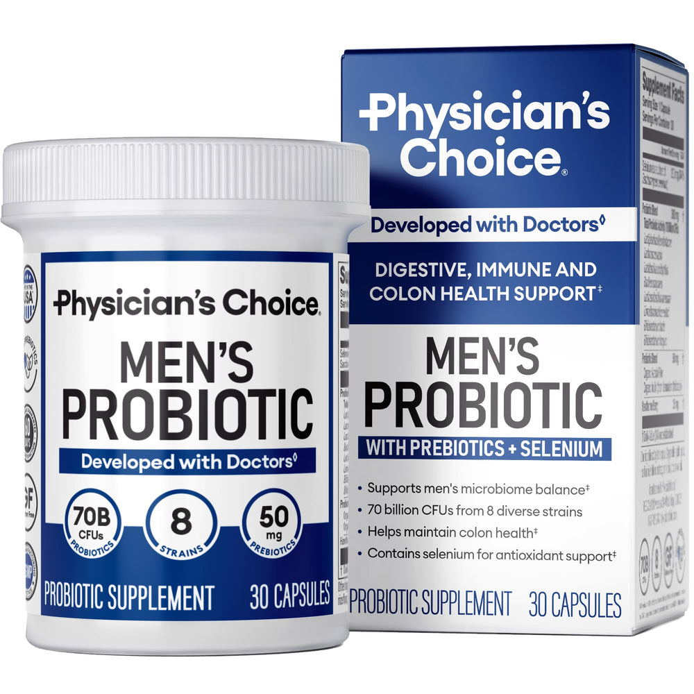Physician's Choice Probiotics for Men bottle and capsules promoting digestive balance.
