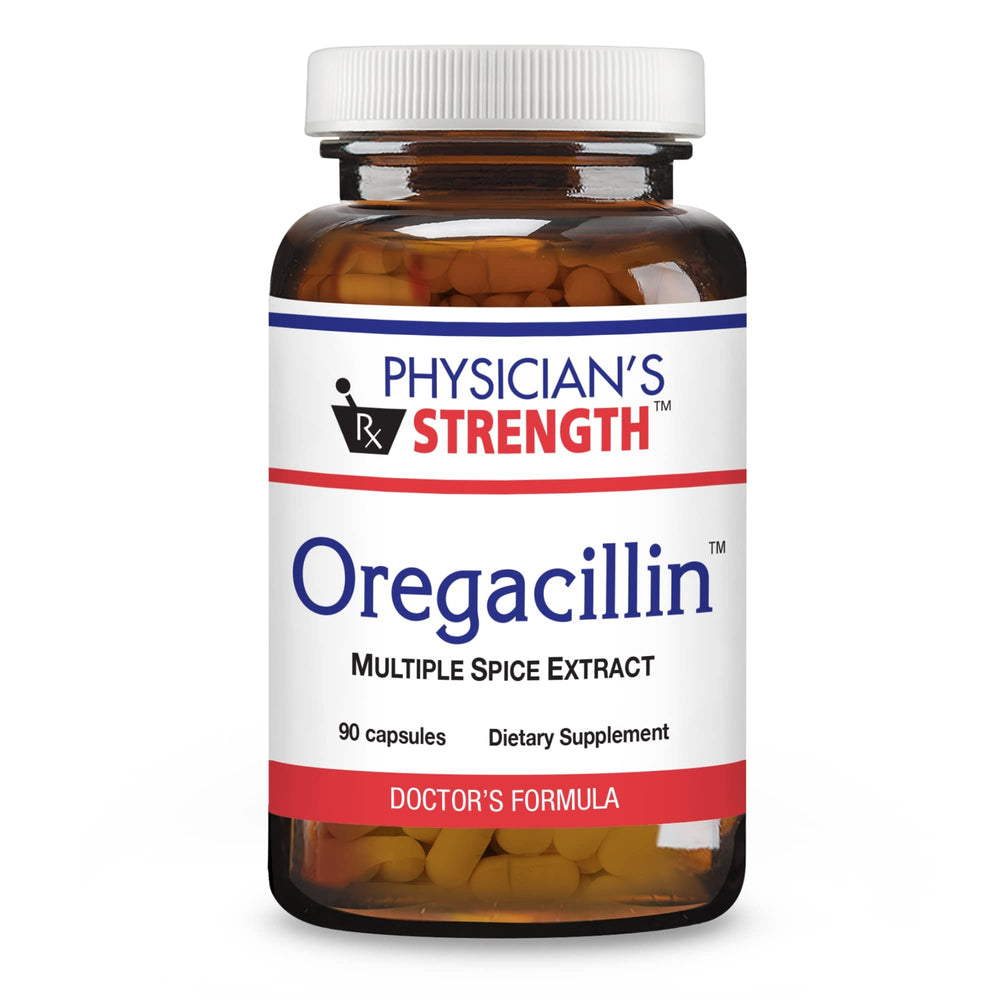 Physician's Strength Oregacillin bottle with multi-spice blend for respiratory support.