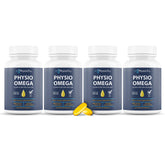 Physio Omega bottle on table with citrus-flavored softgels for daily vitality.