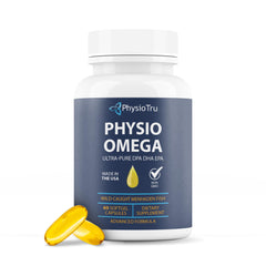 PhysioOmega bottle front signals daily vitality support from omega-3 blend.