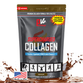 PhysiVantage Supercharged Collagen Chocolate tub front highlighting grass-fed sourcing for joint support