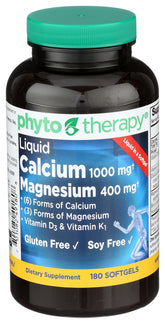 Phyto-Therapy liquid calcium softgels bottle shows 1000 mg calcium per serving for bone support.