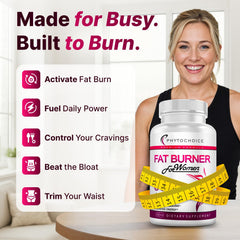 PHYTOCHOICE belly fat burner pills close-up showing convenient capsules for busy women.
