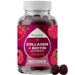 Phytoral hydrolyzed collagen biotin bottle showing convenient gummies for hair, skin, and nails