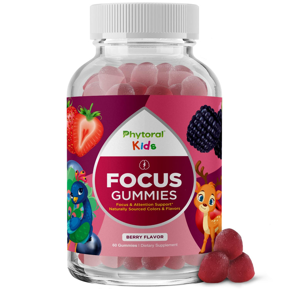 Phytoral Kids Focus Gummies bottle front showing a tasty brain-support snack