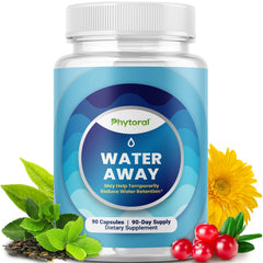 Phytoral water retention pills bottle close-up for daily bloating relief and fluid balance.