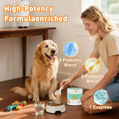 PICPOW probiotic powder being poured over pet food for easy administration.
