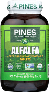 PINES Organic Alfalfa tablets bottle on counter for easy daily greens.