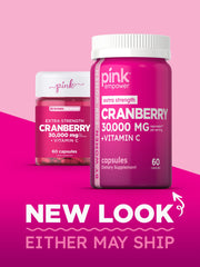 Pink Cranberry Pills ingredient label highlights cranberry, Vitamin C, and hibiscus blend benefits.