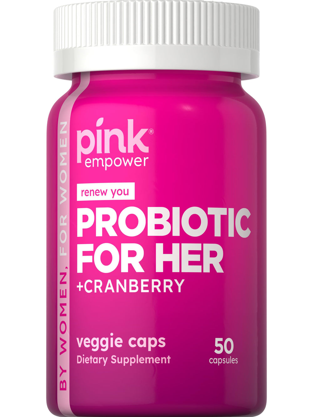 PINK Probiotics for Women bottle promotes digestive balance for daily wellness.