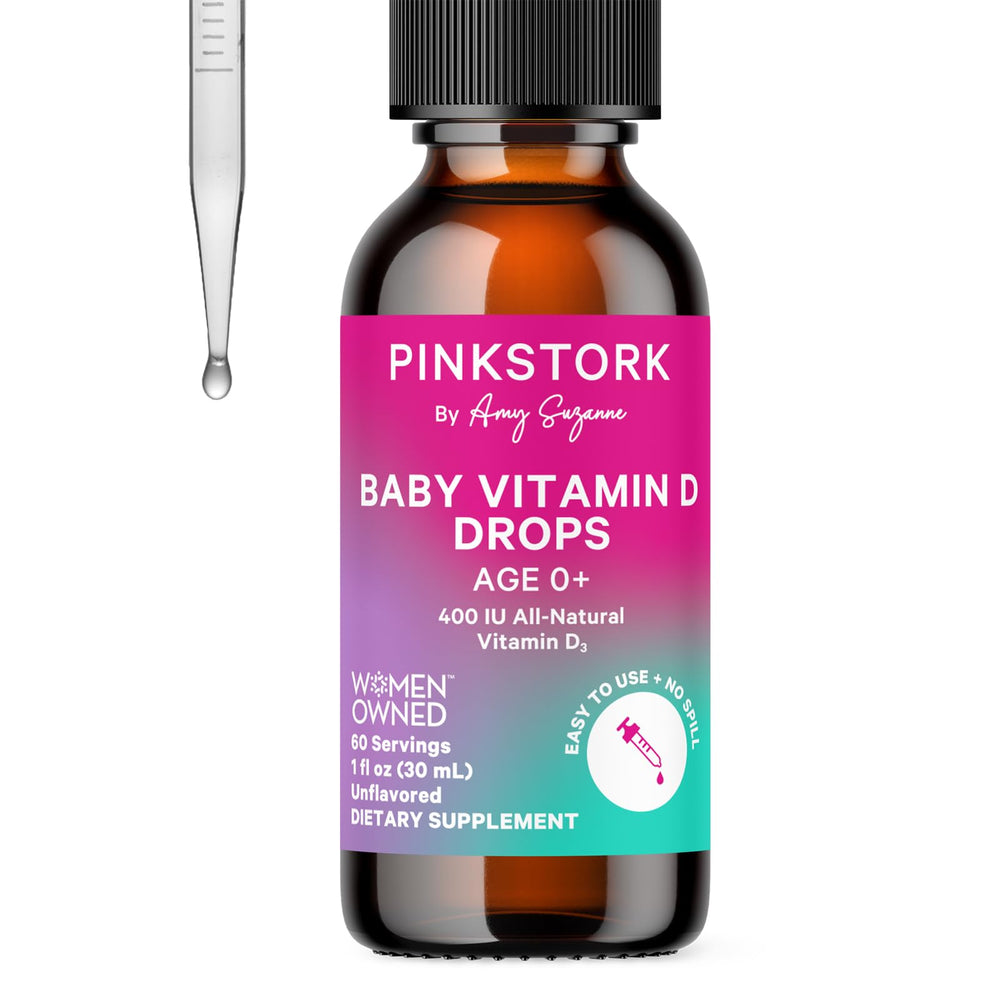Pink Stork Baby Vitamin D Drops with syringe for precise dosing supporting bone development.
