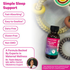 Pink Stork Baby Sleep Drops label close-up highlights gentle herbal ingredients