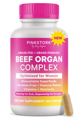 Pink Stork beef organ supplement bottle on kitchen counter for daily energy.