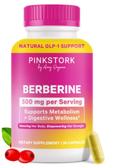Pink Stork Berberine 500mg bottle showing metabolism support and vegan formula