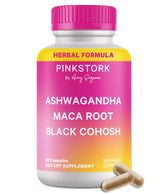 Pink Stork bottle with herbal capsules for hormone balance during perimenopause.