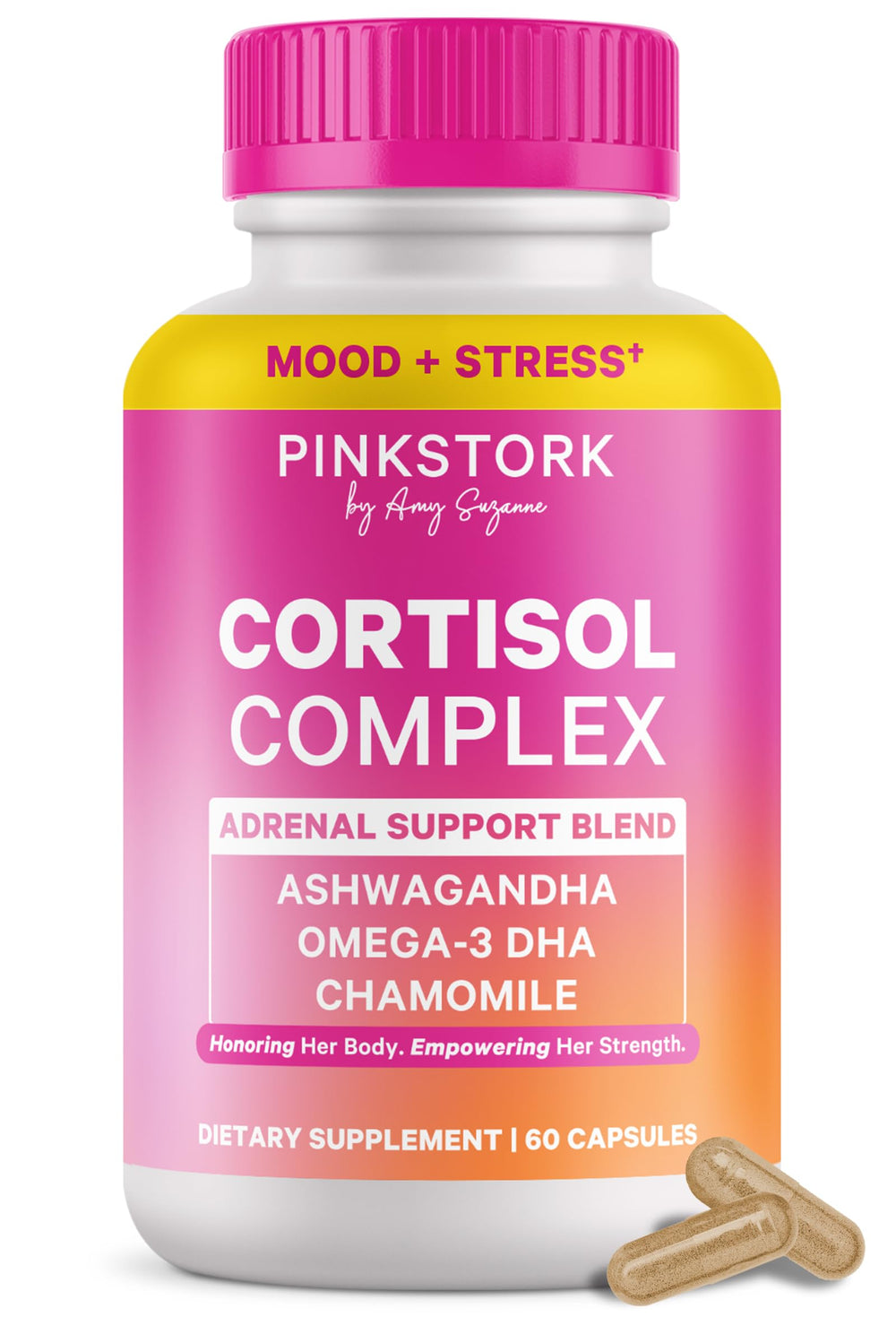Pink Stork Cortisol Complex bottle cap close-up illustrating convenient daytime support.