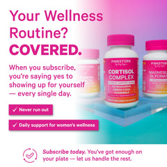 Pink Stork Cortisol Complex bottle with UV protection signaling premium packaging.