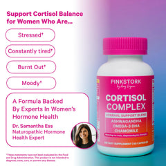 Pink Stork Cortisol Complex label highlighting organic ingredients and quality.