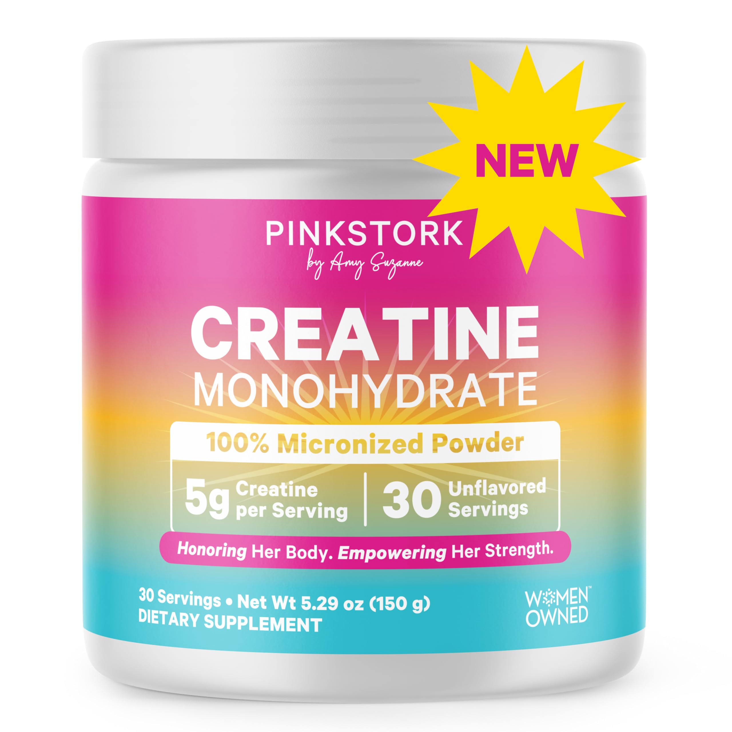 Pink Stork Creatine bottle label mockup showing clean, daily-use powder.