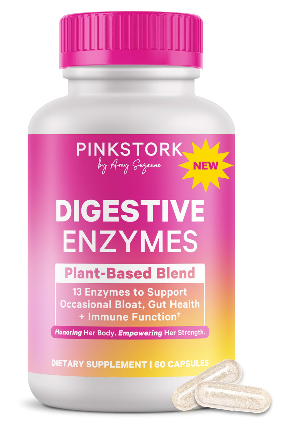 Pink Stork Digestive Enzymes bottle supports comfortable digestion