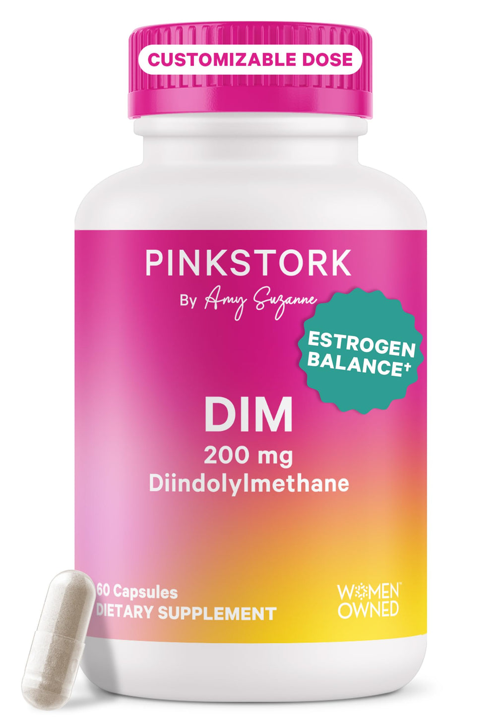 Pink Stork DIM supplement bottle showing 200 mg DIM for balanced hormones and energy.