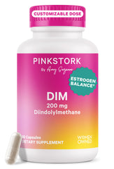 Pink Stork DIM supplement bottle showing 200 mg DIM for balanced hormones and energy.