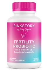 Pink Stork Fertility Probiotics bottle promotes balanced gut and vaginal health.