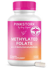 Pink Stork Folate bottle front promotes daily methyl folate support for prenatal wellness.