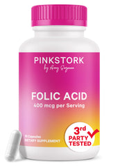 Pink Stork folic acid bottle shows the 400 mcg supplement for daily use.
