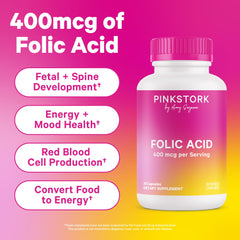 Closeup of Pink Stork folic acid capsules in a bottle.