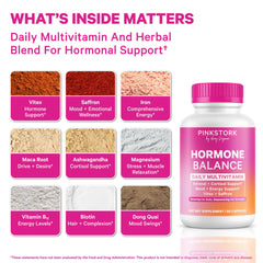 Pink Stork Hormone Balance bottle back with usage notes and ingredients.