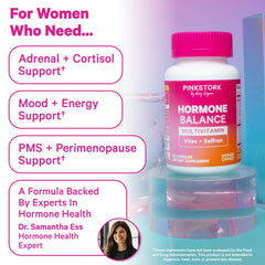 Pink Stork Hormone Balance capsules closeup highlighting the 18-in-1 formula.