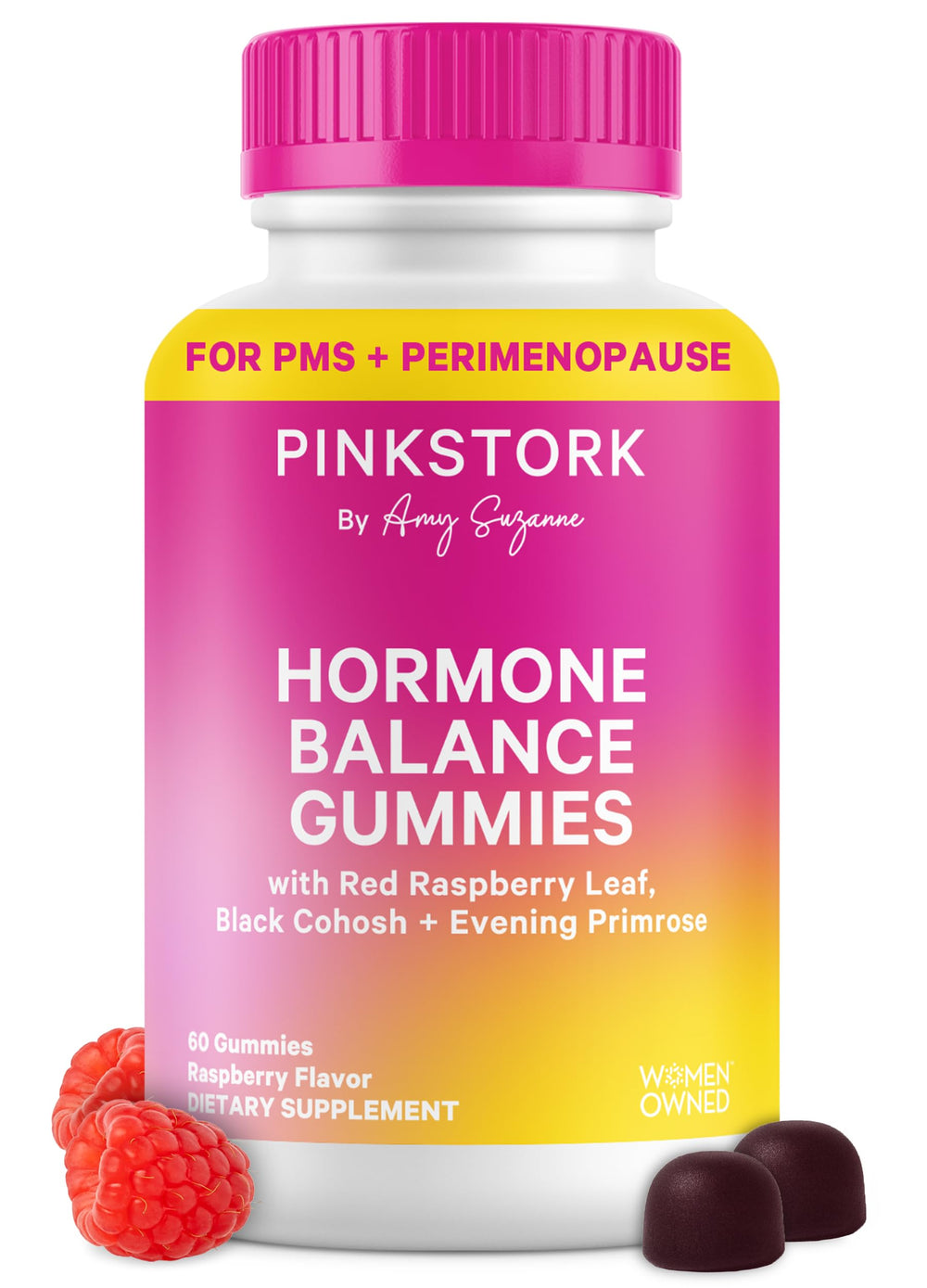 Pink Stork Hormone Balance Gummies bottle on counter for mood and energy support