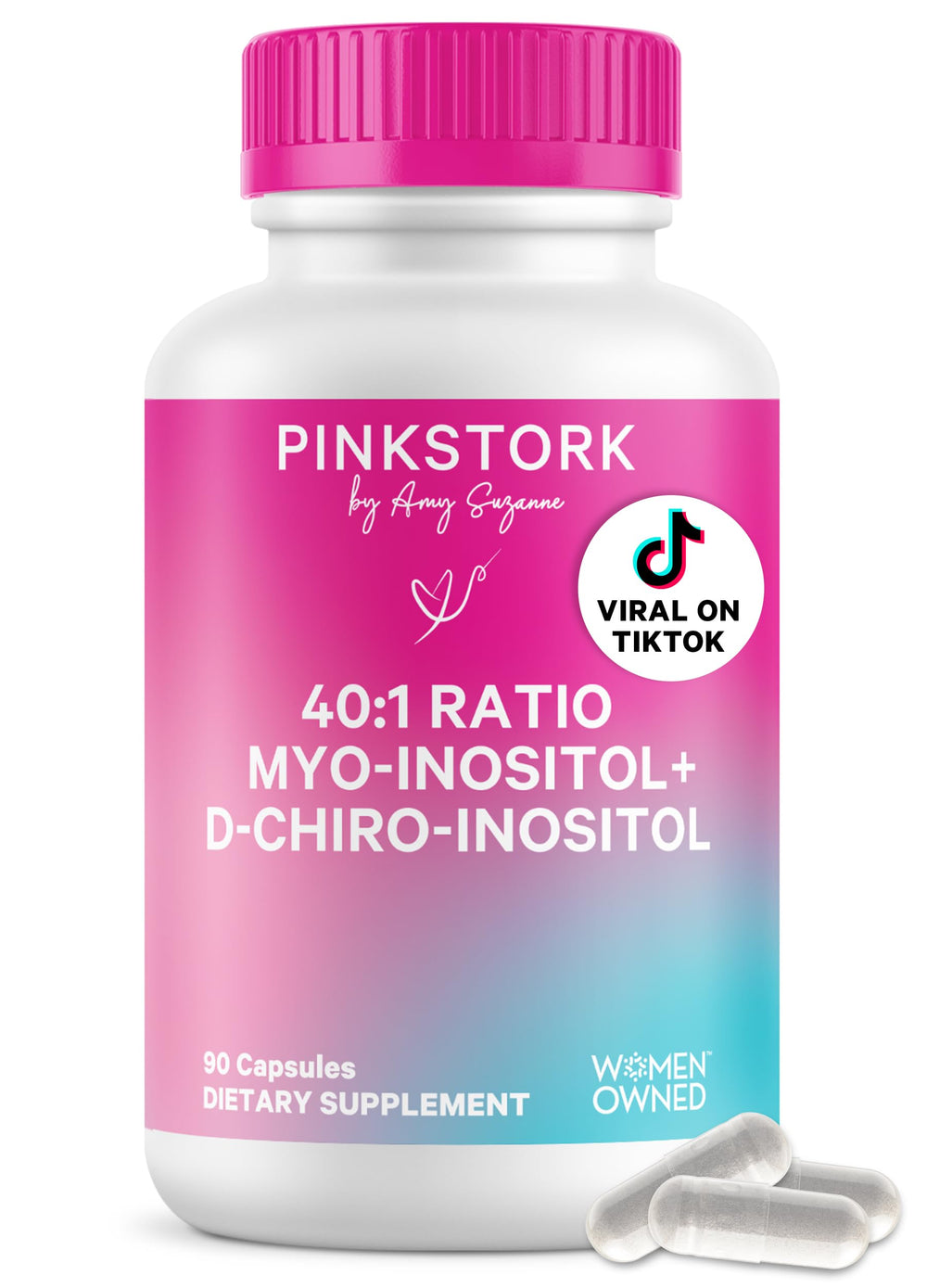 Pink Stork Inositol 40:1 bottle label promotes hormone balance and cycle support.