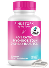 Pink Stork Inositol 40:1 bottle label promotes hormone balance and cycle support.