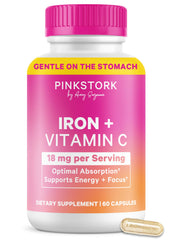 Pink Stork Iron 18 mg capsules on bottle, easy daily energy support.
