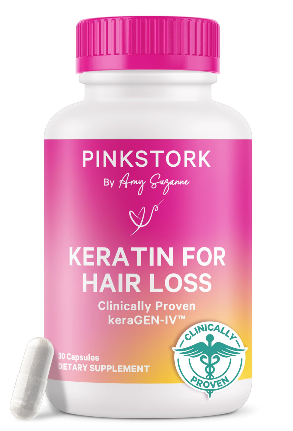 Pink Stork Keratin Hair Loss bottle on a clean surface supports daily hair care.