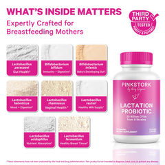 Closeup of Pink Stork Lactation Probiotic capsules highlighting 30B CFUs for balance.