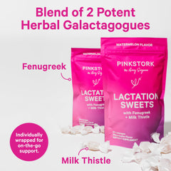 Pink Stork Lactation Sweets watermelon drops on a table, easy postpartum treat between feeds.
